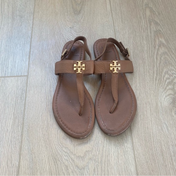 Tory Burch Shoes - Tory Burch Tan Cognac Leather Gold Miller Logo Thong Sandals